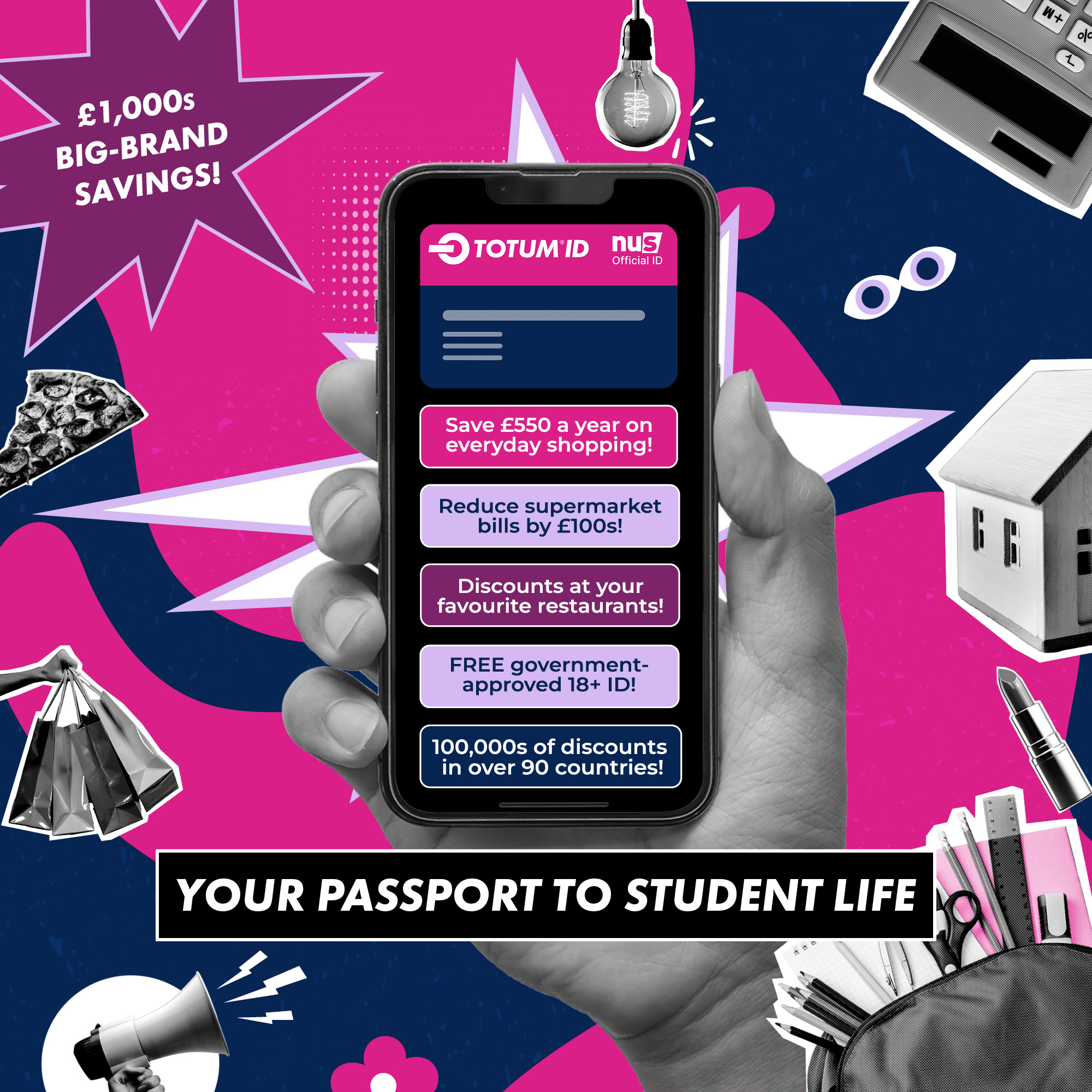 Square banner image displaying the text 'TOTUM ID, your passport to student life' and a hand holding a smart phone device showing discount details