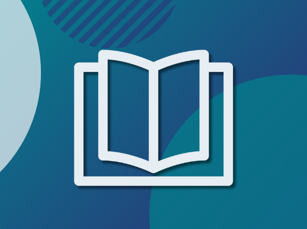 A white icon of an open book on a gradient blue background.