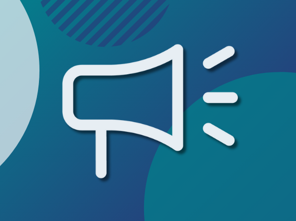 A white icon of a megaphone on a gradient blue background.