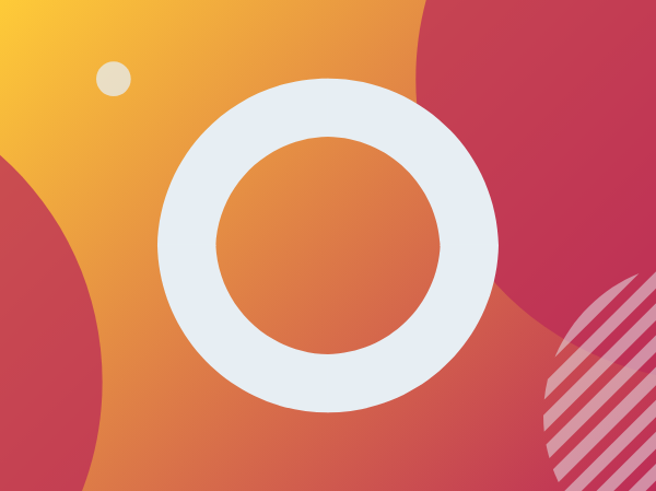 White O on a gradient pink and yellow background with white and pink shapes around it.