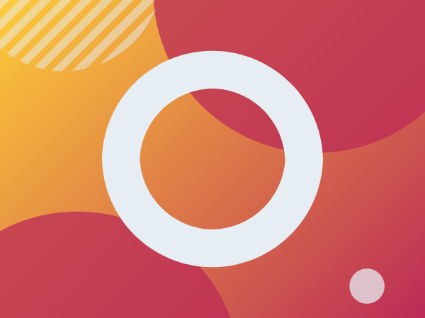 White O on a gradient pink and yellow background with pink and white shapes around it.