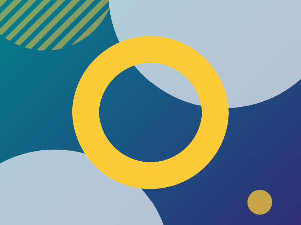 Yellow O on a gradient blue background with white and yellow shapes around it.