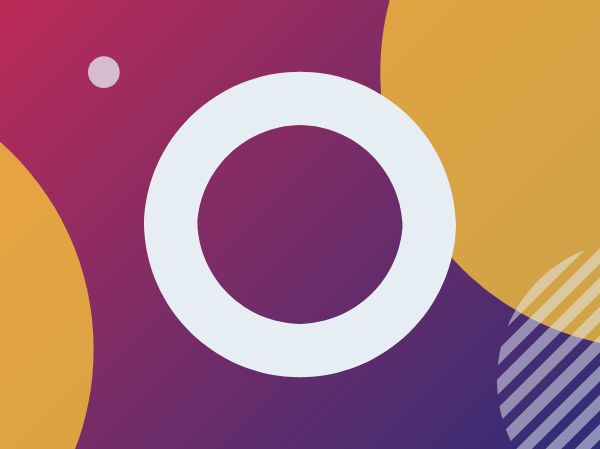 White O on a purple gradient background with gold and stripey shapes around it.