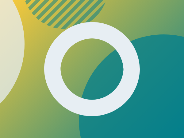 A white ring circle on a green gradient background, surrounded by turquoise and stripey circles.