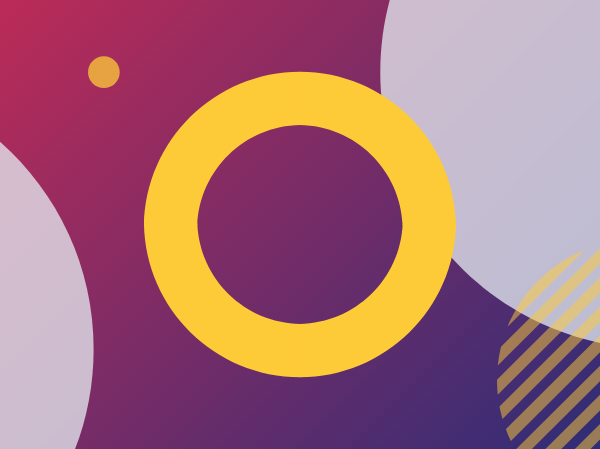 A yellow ring circle on a claret gradient background, with grey and stripey circles surrounding it.