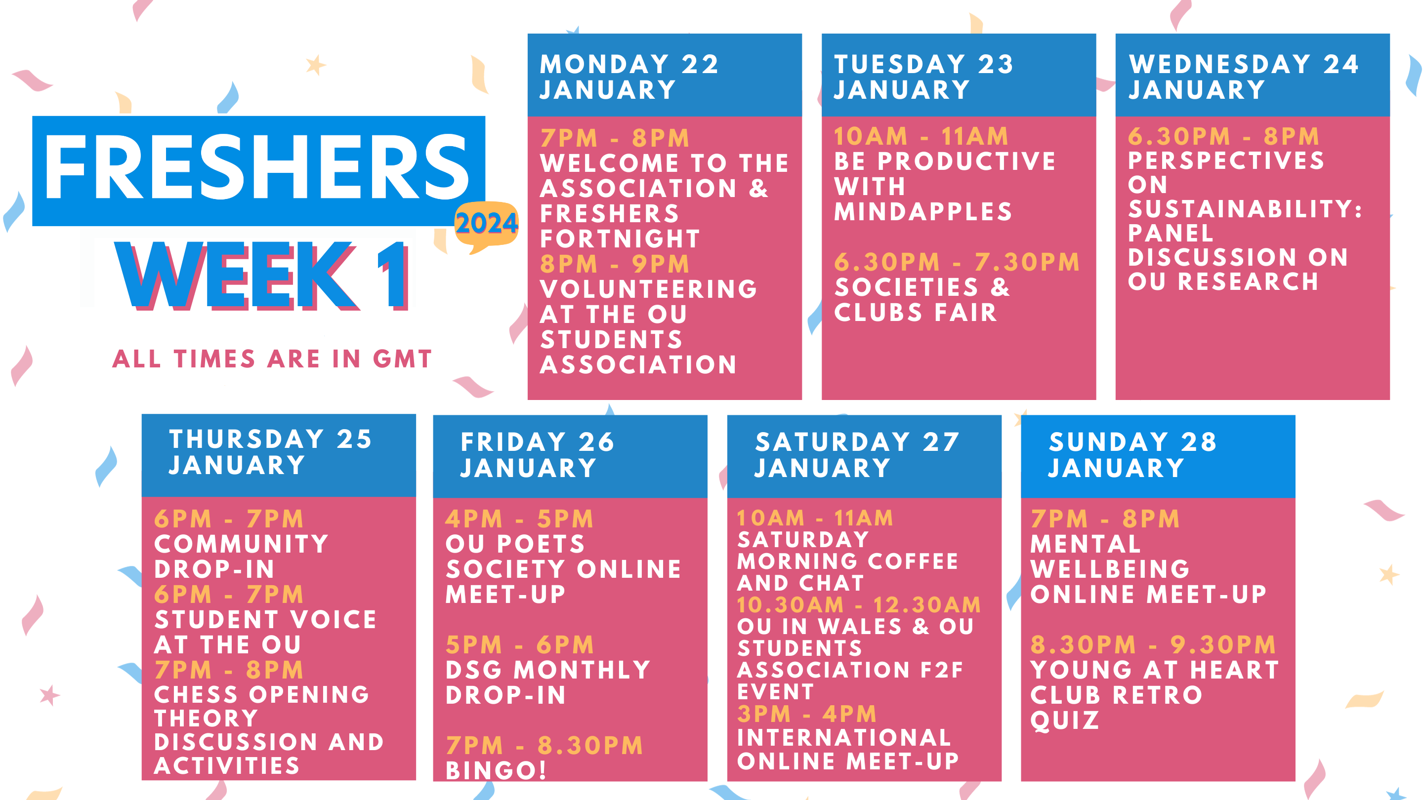 Image shows the Freshers week programme.