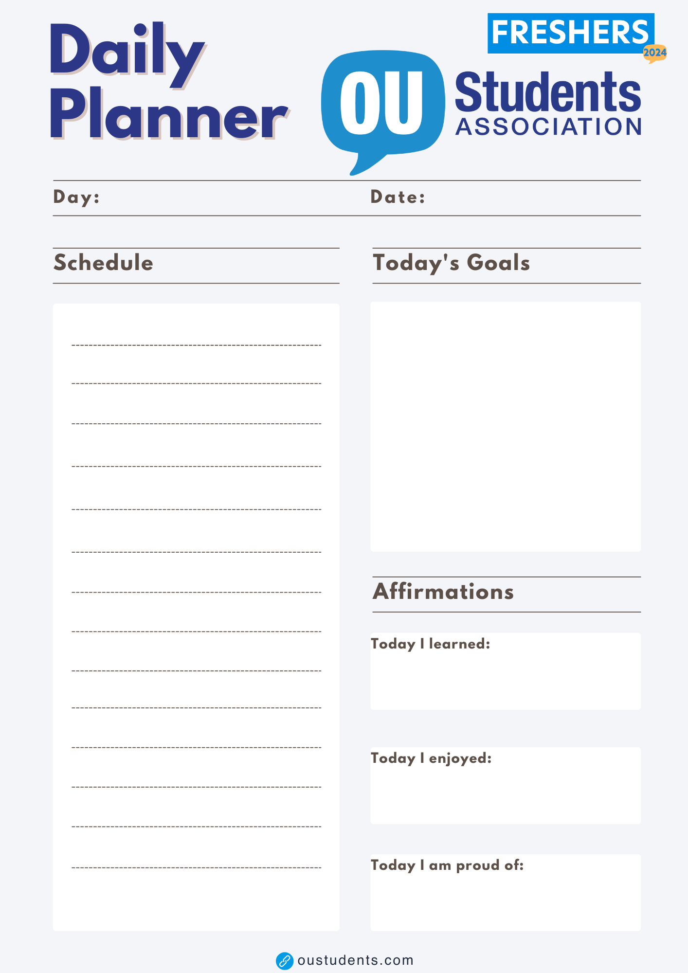 Image shows a daily planner design with the Freshers 2024 logo in the top left corner