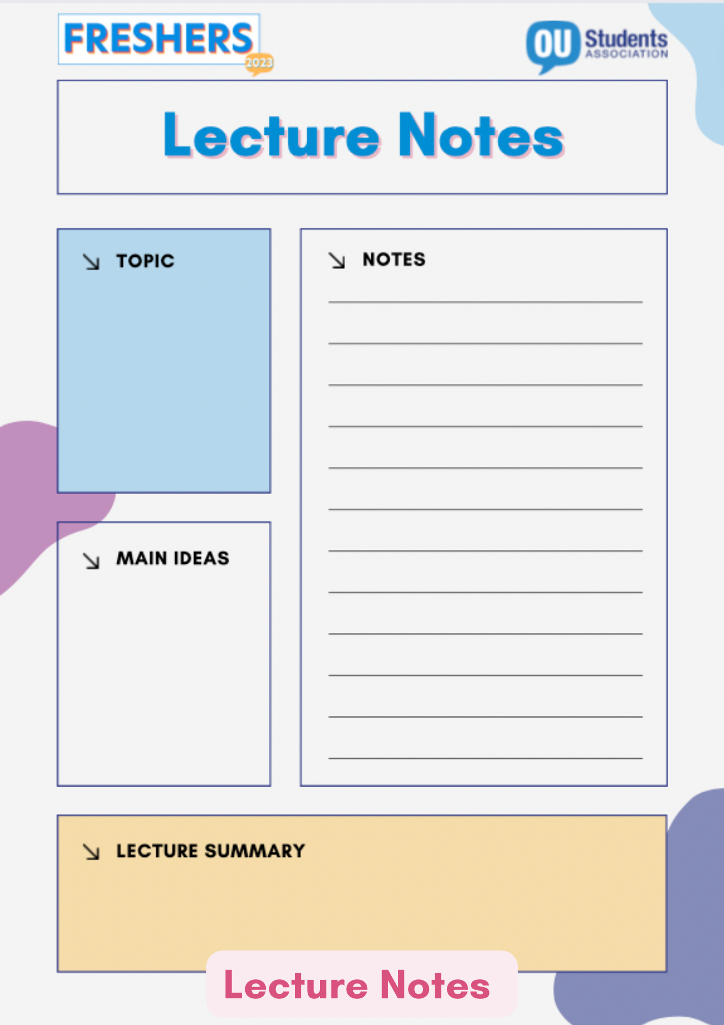 Image reads: Lecture notes. There is space on this page to write your Topic, Notes and lecture summary.