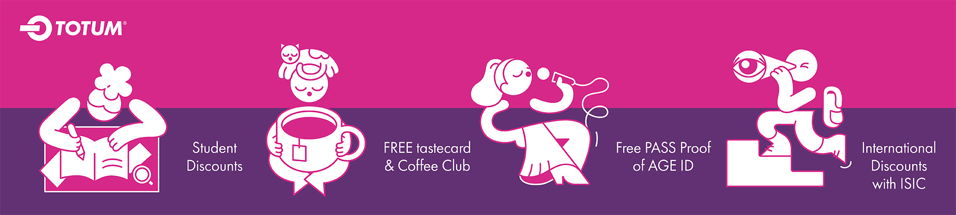 A pink and purple background with a white TOTUM logo in the top left corner. Below are images of cartoon people, with the text 'student discounts'. 'free tastecard & coffee club', 'free pass proof of age ID', 'international discounts with ISIC'.