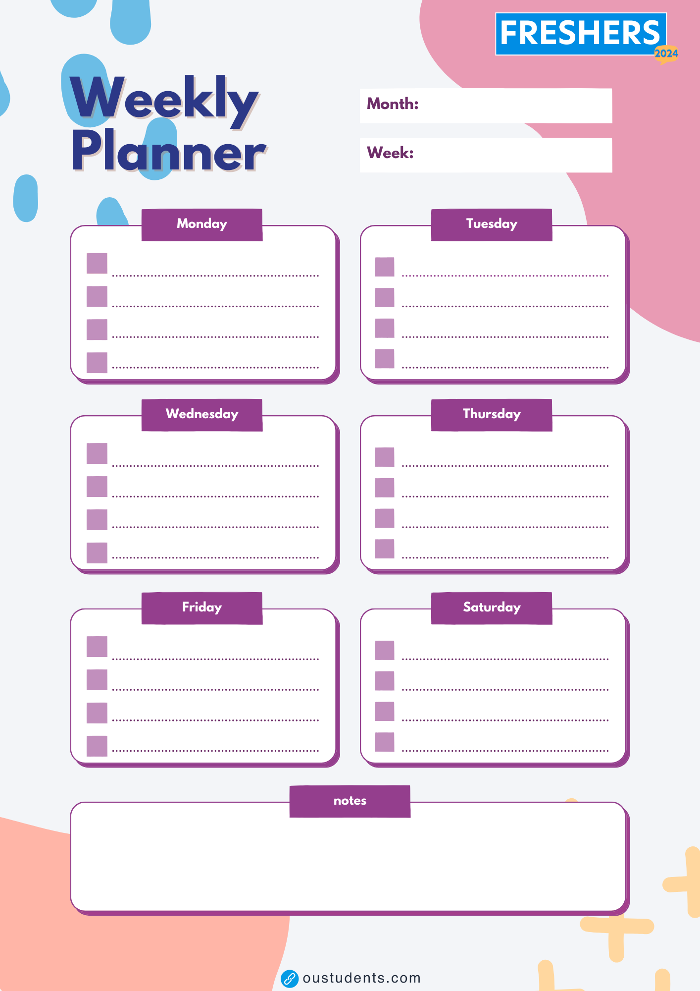 Image shows a weekly planner design with the Freshers 2024 logo in the top left corner