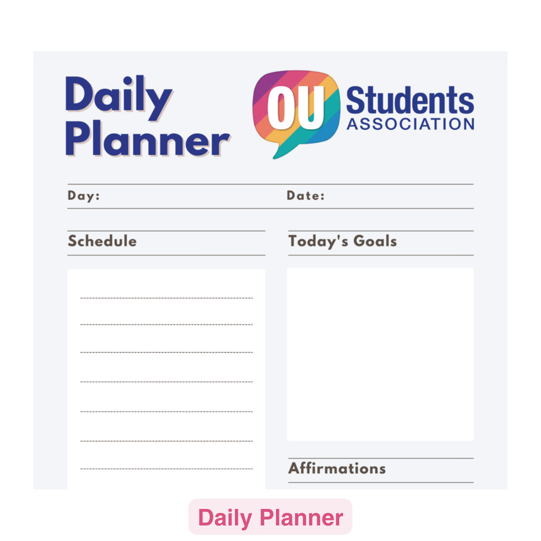 Text reads: Daily Planner. OU Students Association logo shows on the right hand side.