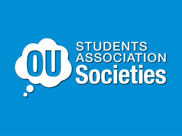 A blue background with white text which reads OU Students Association Societies. The letters 'OU' are in a speech bubble.