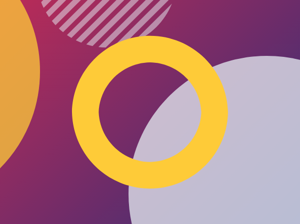 Yellow O on a gradient purple background with white and yellow shapes around it.