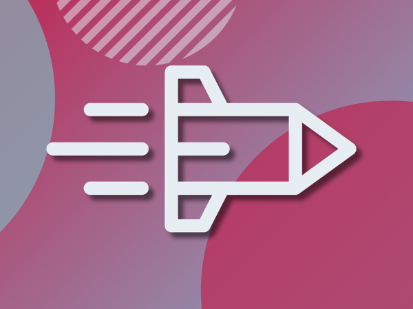 A side-on drawing of a rocket (on a red and claret design).