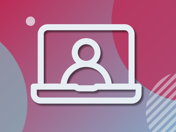 A drawing of a person on a tablet screen (on a red and claret design).