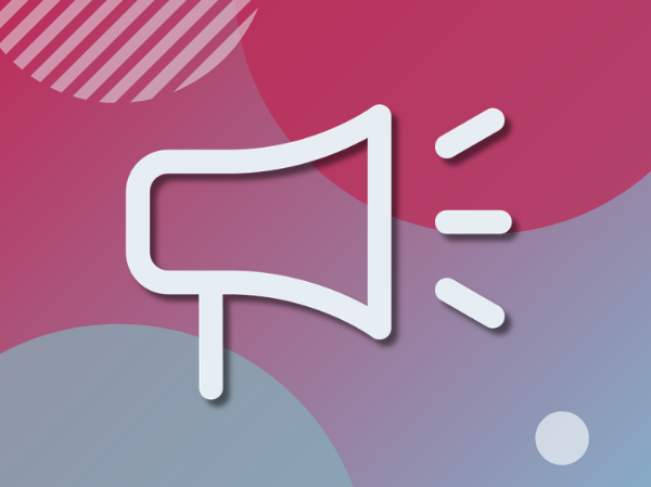 A drawing of a loud speaker (on a red and claret design).