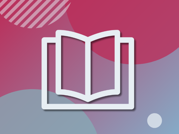 A drawing of an open book (on a red and claret design).