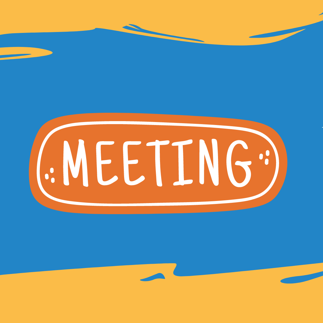 The word 'MEETING' in an orange circle on a blue and yellow background.