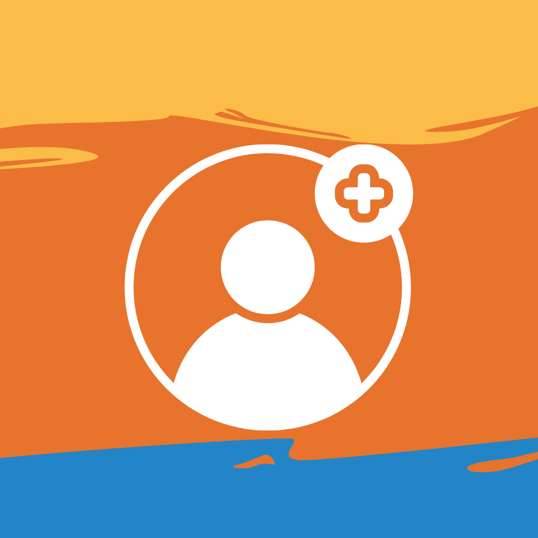 A cartoon man in a circle with a plus sign next to him.