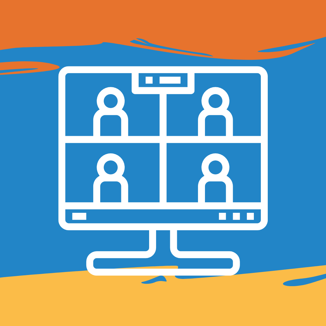 A cartoon of a computer screen, showing an online meeting with four participants.