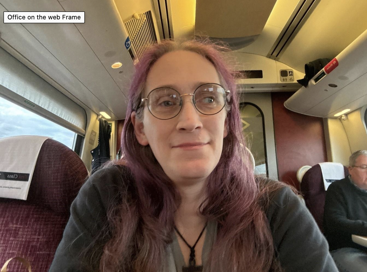 Kathy facing the camera, sat on a train.