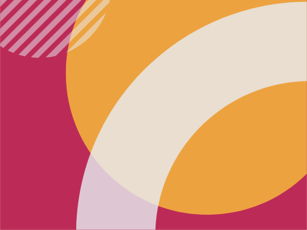 Pink background with white and yellow shapes over it.