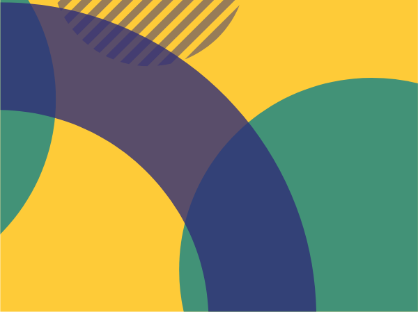 Yellow background with blue and teal shapes over it.