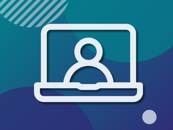 An animation of a person on a tablet screen, on a blue and turquoise background.