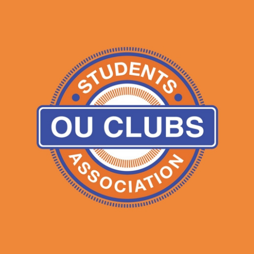 'OU Clubs Students Association' written in a circular logo, on an orange background.