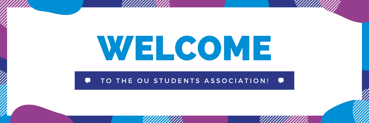 A horizontal banner image with blue and purple border. Text in the centre reads 'welcome to the OU Students Association!'