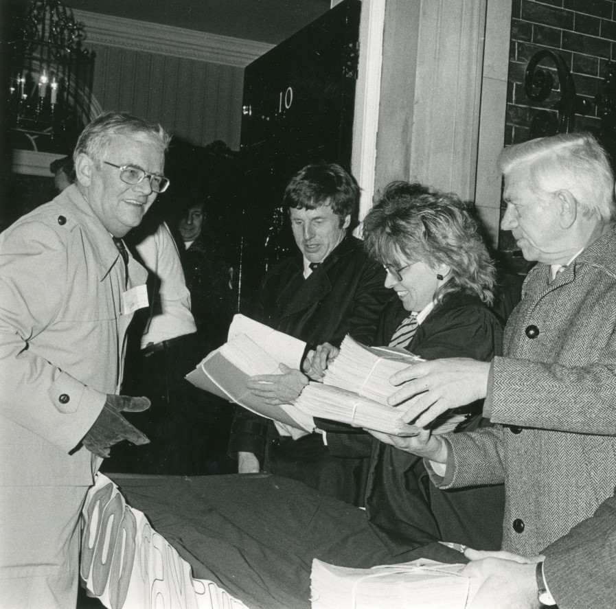 A petition being delivered to 10 Downing Street in 1985 against government cuts.