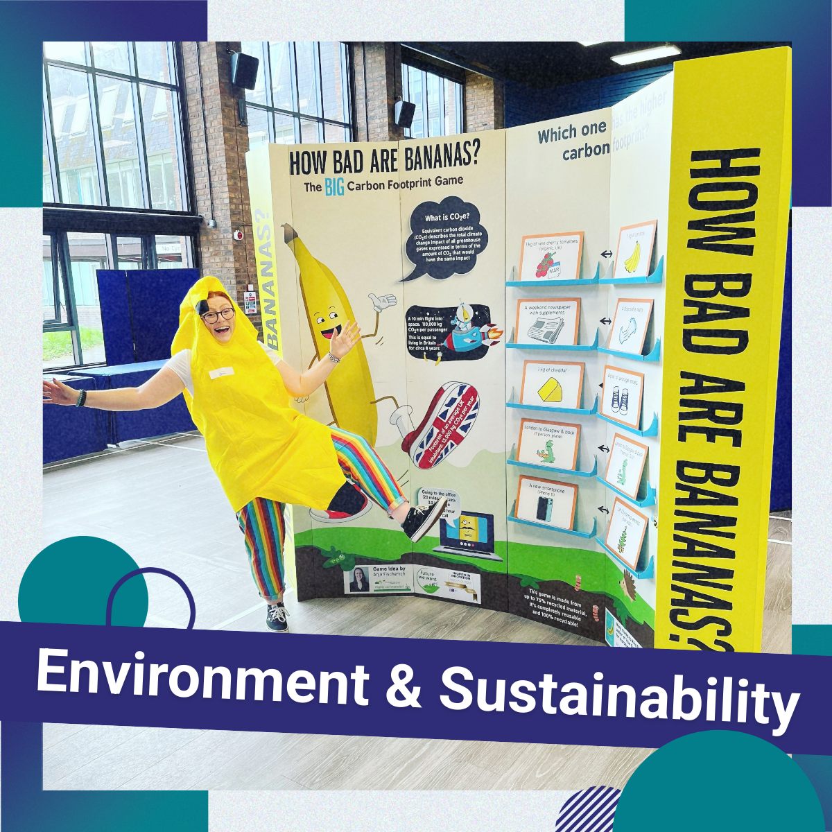 'Clubs and Societies' written over a photo of a person dressed as a banana in front of a stall titled 'how bad are bananas' with colourful shapes around it.