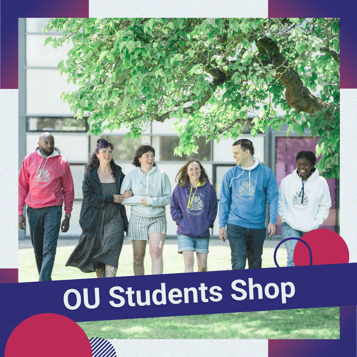 'Clubs and Societies' written over a photo of a happy group of people outside wearing Open University hoodies, with colourful shapes around it.