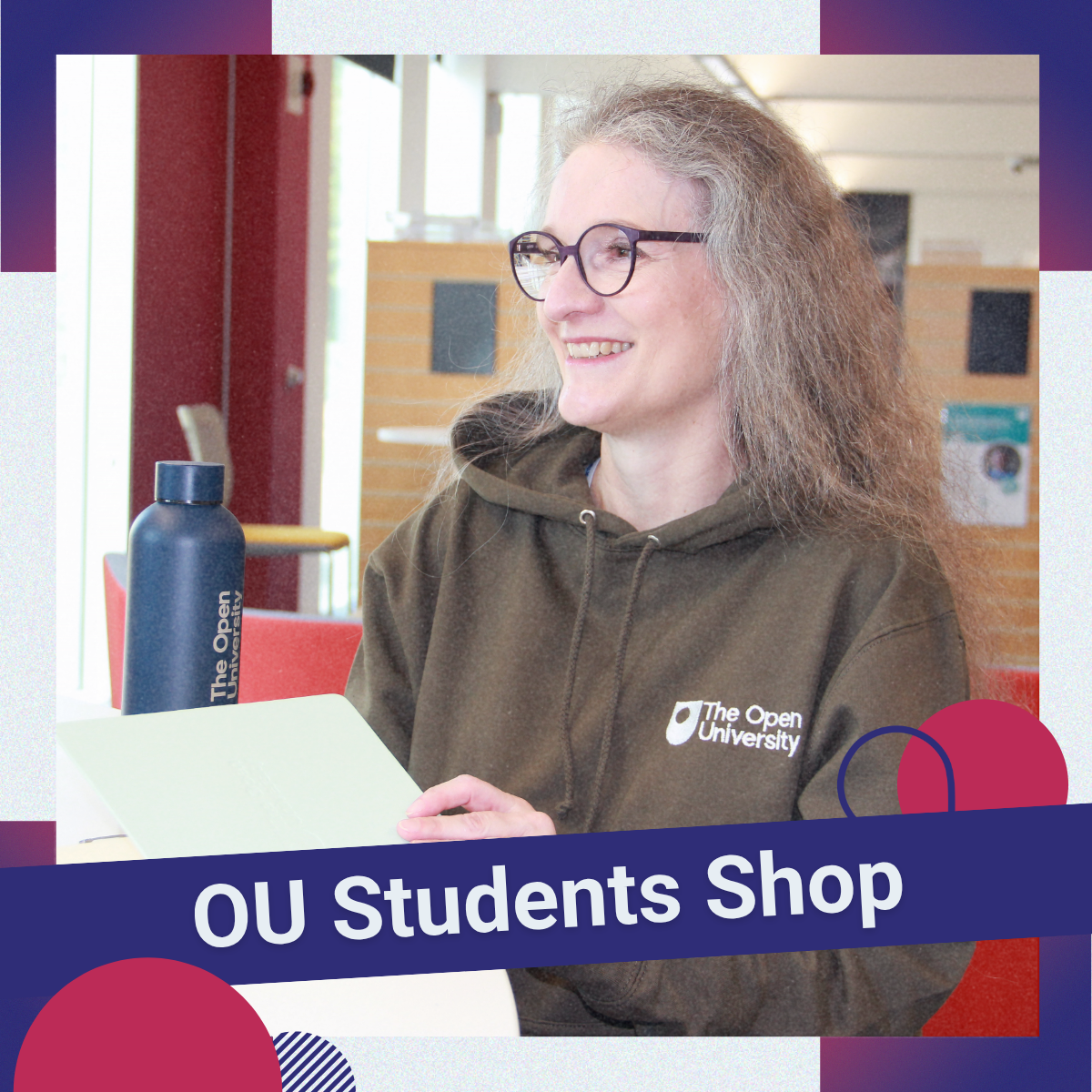 'Clubs and Societies' written over a photo of a happy group of people outside wearing Open University hoodies, with colourful shapes around it.