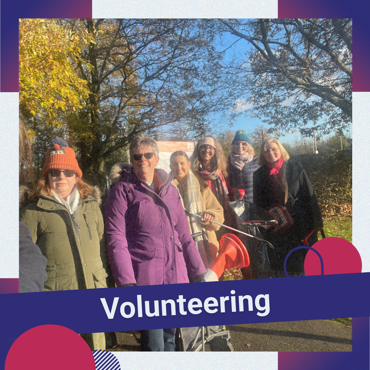 'Volunteering' written over a photo of a happy group of people outside, with colourful shapes around it.