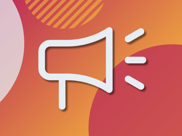 A gradient peach colour background with a large white icon of a megaphone.