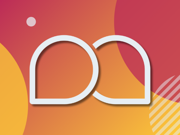 A gradient peach colour background with a large white icon of two speech bubbles.