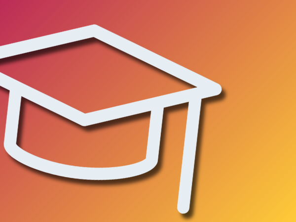 Gradient peach coloured background with a large white icon of a graduation cap.