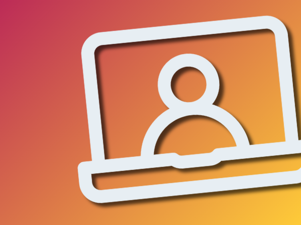 Gradient peach coloured background with a large white icon of an open laptop.