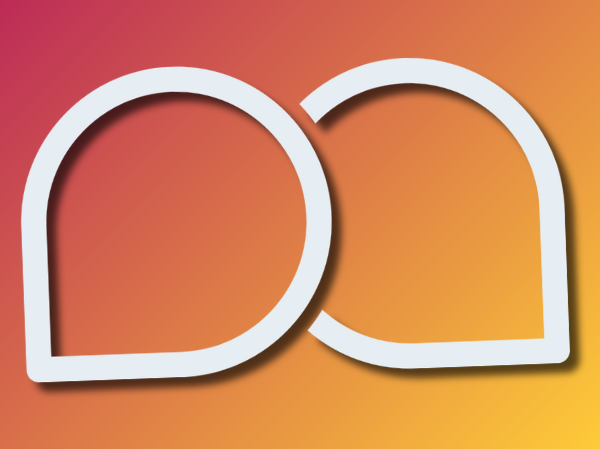 Gradient peach coloured background with a large white icon of two speech bubbles.