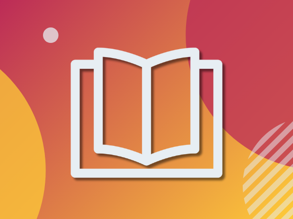 A gradient peach colour background with a large white icon of an open book.