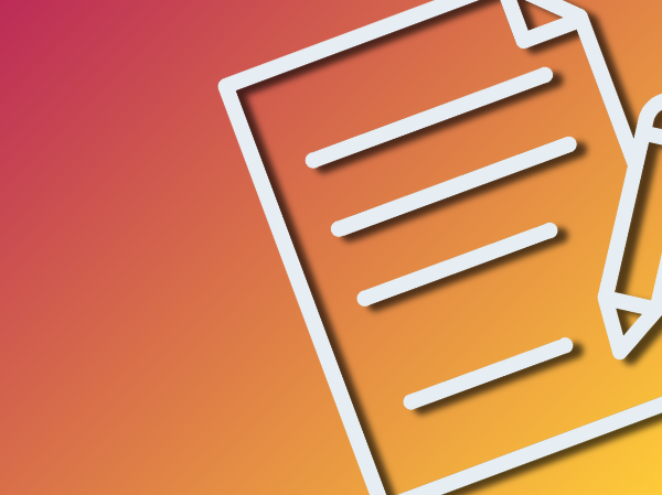 Gradient peach coloured background with a large white icon of a pen writing on a piece of paper.