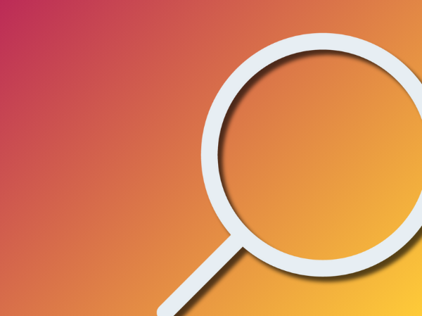 Gradient peach coloured background with a large white icon of a magnifying glass.