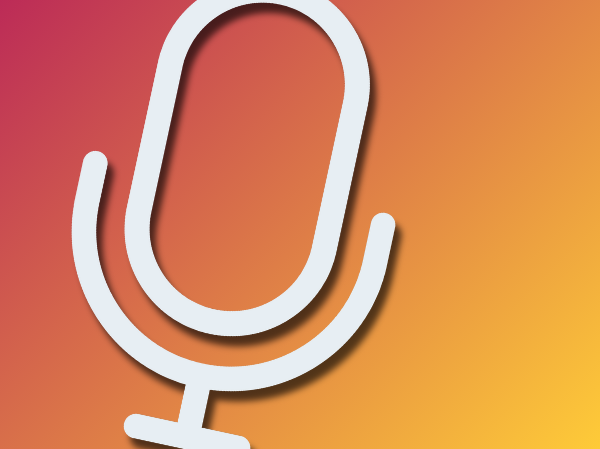 Gradient peach coloured background with a large white icon of a microphone.
