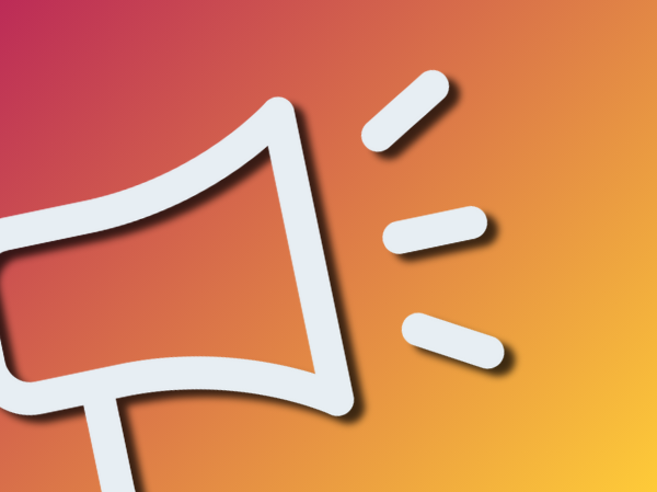 Gradient peach coloured background with a large white icon of a megaphone.