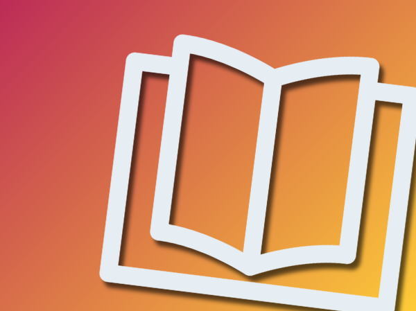 Gradient peach coloured background with a large white icon of an open book.