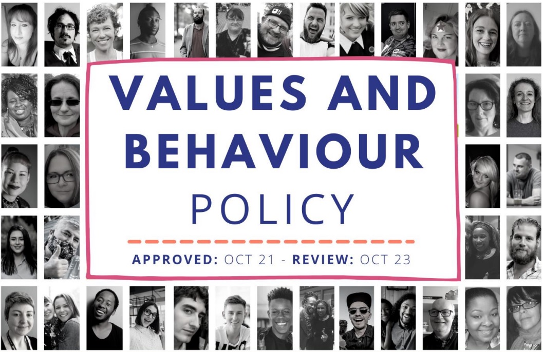 Front cover of the Student Association's Values and Behaviour Policy. It states that it was approved October 2021, and will be reviewed October 2023. In addition the cover shows the faces of multiple people.