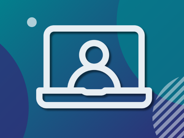 A gradient blue colour background with a large white icon of a figure on a laptop screen.