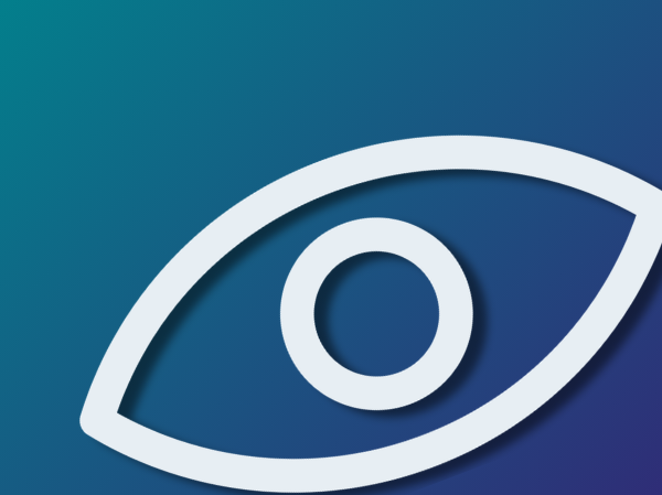 A blue gradient background with an eye outline on the right-hand side.