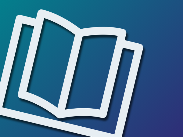 A blue gradient background with a book outline on the left-hand side.